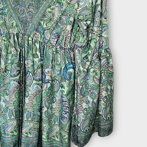 Womens Boho Dress Ruffle Flare‎ Sleeves Bohemian Blue Green Floral V Neck Boho - Picture 8 of 12